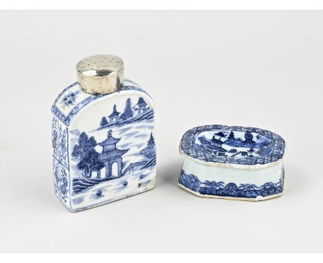 Two parts of 18th century Chinese queng lung porcelain. 1x Salt cup, edge damage. 1x Tea caddy, chip. Landscape decor. Size: 