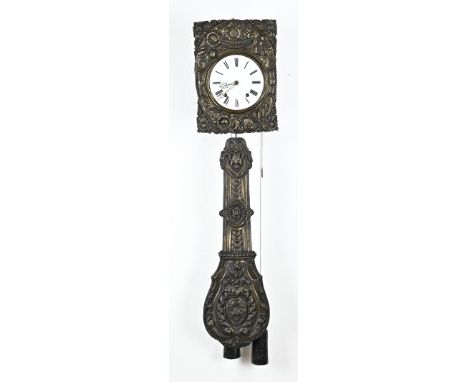 Antique 19th century French comtoise clock with floral feuille and pendulum. Eight-day movement/anchor escapement. Dimensions