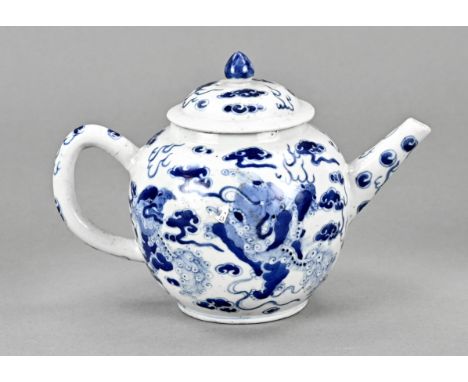 19th century Chinese porcelain teapot with kylins in the clouds decor. Four character bottom mark. Dimensions: 14 x 19 x Ø 11