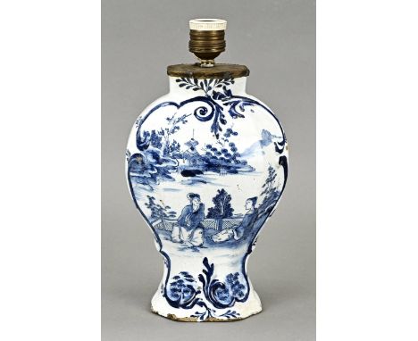 18th century Delft fayence vase as lamp base. Marked De Bijl. One restoration. Dimensions: H 30 cm. In decent shape.