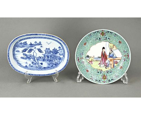 Two parts of antique Chinese porcelain. 1x 18th century cheng lung bowl with landscape. 1x Family pink plate with figures, bo