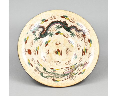 Chinese porcelain Cantonese bowl with dragon/phoenix, and figures decor on the reverse. Late 19th Century. Dimensions: H 9 x 