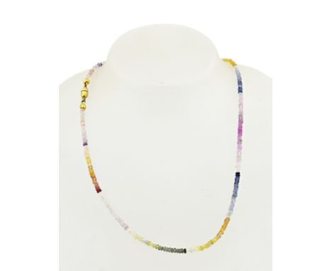 Necklace of small faceted gemstones, ø 3.5 mm, varying in color. With citrine, amethyst, peridot and ruby. length 48 cm. Equi