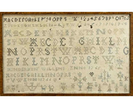 Antique sampler with alphabet etc. Anno 1765. Hand-embroidered. Dimensions: H 30 x W 46 cm. In good condition.
