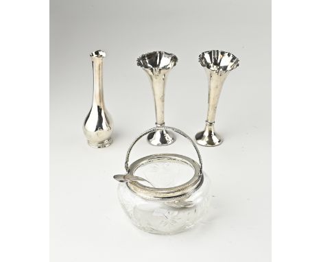 Three vases and a sugar bowl. Two silver trumpet vases with a wavy edge, ø5x11cm, and a crystal sugar bowl with floral cutwor