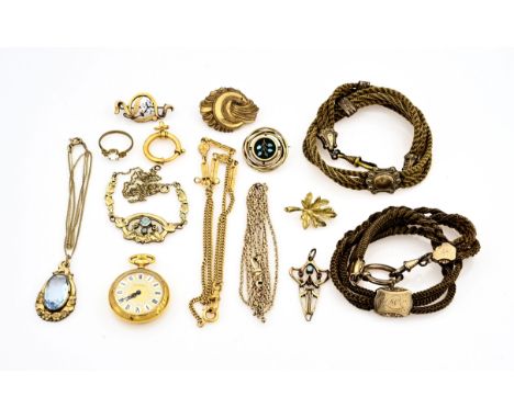 Lot of double jewelry with watch chains with hair, pendant and choker with blue stone, 2 watch chains, various brooches, pend