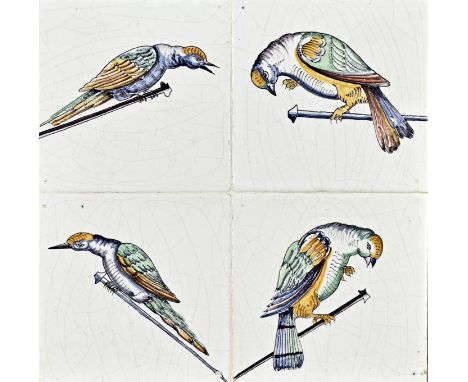 Antique 4-pass polychrome fayence tile tableau. With decor of tropical birds. First half 20th century. Dimensions: 26 x 26 cm