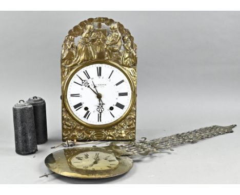 Antique French comtoise wall clock with gilded feuille + anchor escapement + date + harp pendulum. 19th century. Dimensions: 