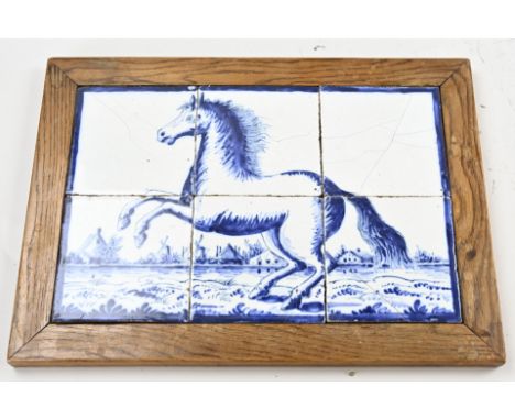 19th century 6 pass tile tableau with horse in a landscape. Hairlines. 26-39cm. In reasonably good condition.