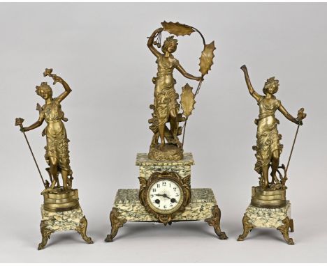 Antique French marble clock set with bronzed composition metal figures. Circa 1900. Eight-day movement, half-hourly striking,