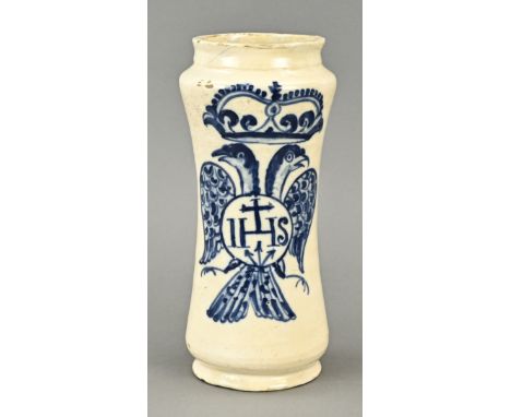 18th Century Spanish fayence Albarello apothecary jar with double eagle. Alcora + IHS Dimensions: H 25 cm. In good condition.