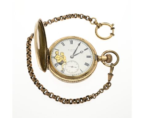 Erotic pocket watch, double, marked Elgin, with a white enamel dial and an erotic image. A double watch chain is attached to 