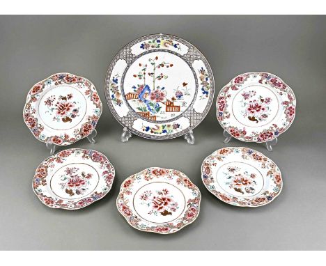 Six 18th century Chinese porcelain family rose plates with floral decor and contoured rim. Four plates hairline. Two plates o