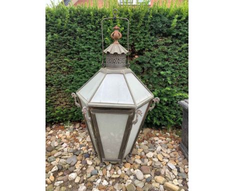 Old copper hanging lantern. Hexagonal. 20th century. Electrified. Dimensions: 94 x 61 x 53 cm. In good condition.