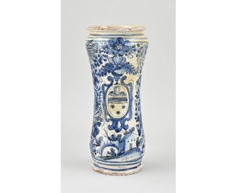 17th Century Italian apothecary jar, Albarello with annotation 1696. Older restoration. Dimensions: H 28 cm. In good conditio