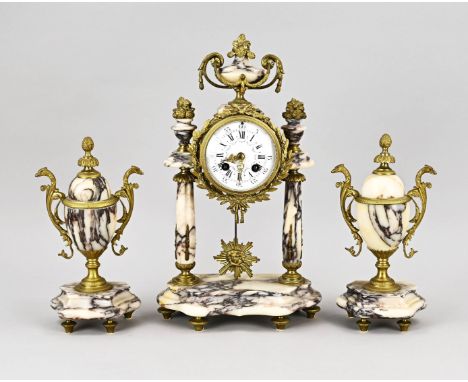 Antique three-piece French marble clock set with cassolettes. Louis seize style. Second period. Circa 1890. Eight-day movemen