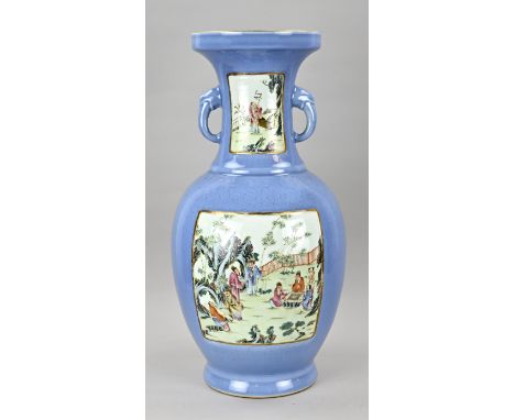 Very large Chinese porcelain family rose vase with ears. With figures in landscape/scenery decor. Blue enamel + gold. With bo