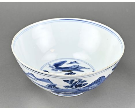 Large 17th century Chinese porcelain bowl with landscape decor. Six character bottom mark. Restored hairline + some edge grit