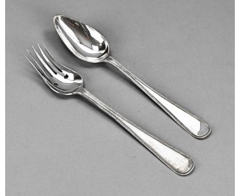 Silver serving place setting, 833/000, 2 pieces with a spoon and fork decorated with a pearl edge. 28 cm. Total approx. 210 g