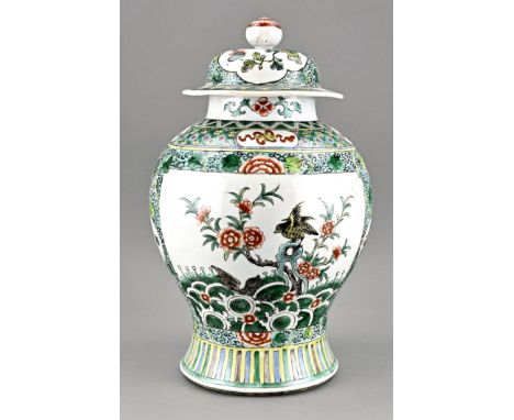 19th Century Chinese porcelain lidded jar. Family distance. Top edge restoration + lid restoration. Floral/fruit/birds/valuab