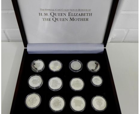 H.M Queen Elizabeth The Queen Mother official silver proof coin collection in presentation case comprising New Zealand $5,  F