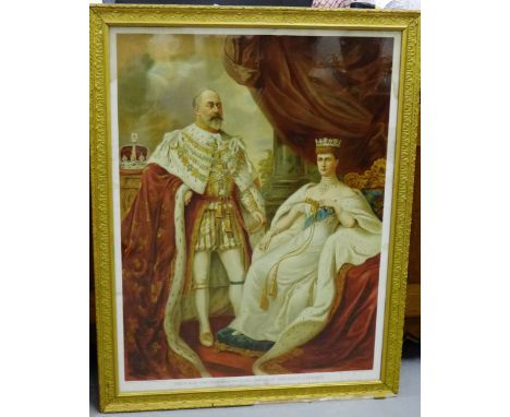 Their Most Gracious Majesties King Edward VII & Queen Alexandra in Coronation Robes, a coloured lithograph print, in ornate g