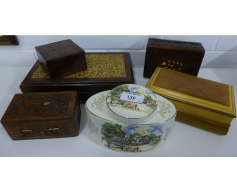Sandland ware, 'Down Somerset Way' tea caddy, a marquetry inlaid box and a collection of four wooden boxes (6)