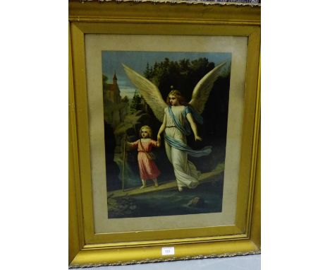A late 19th / early 20th century coloured lithograph print of an Angel and Child, in glazed frame 