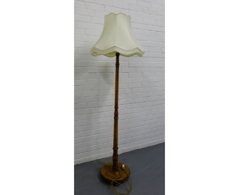 Light oak standard lamp complete with silk shade, 182cm overall