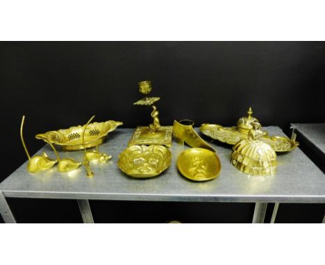 A quantity of Brasswares to include an inkstand, candlestick, basket and a bell etc (a lot)