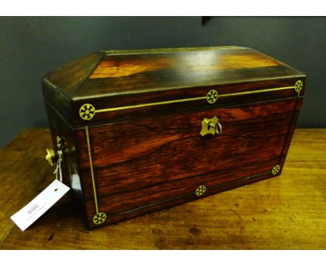 Rosewood and brass inlaid sarcophagus shaped tea caddy, with glass mixing bowl to the interior and parquetry inlaid lids 33 x