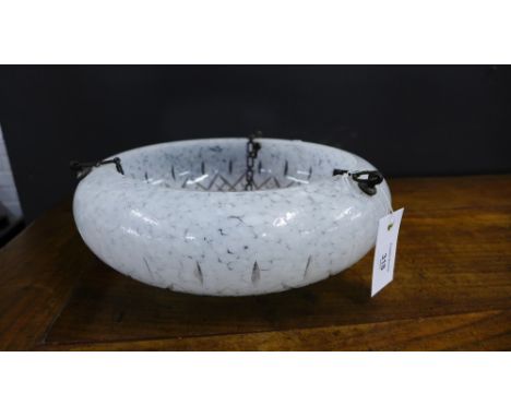 An Art Deco opaque glass ceiling light with chains