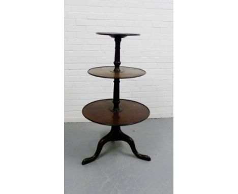 19th century mahogany three tier dumb waiter, on turned column and tripod support, 115 x 65cm