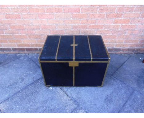 A 19TH CENTURY BRASS BOUND LEATHER TRUNK  inscribed 'Mrs Harry Wright', 69cm wide 46cm deep 47cm high