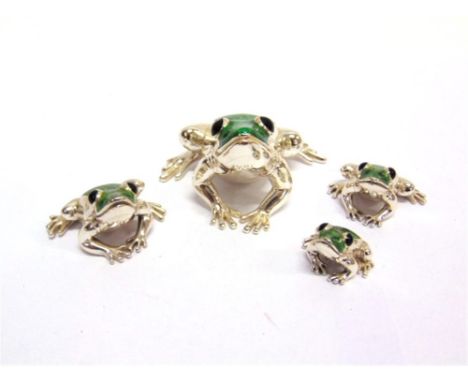 A GROUP OF FOUR SATURNO SILVER AND ENAMEL FROGS,  the largest approximately 7cm nose to tail