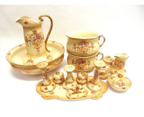 AN EXTENSIVE CROWN DEVON WASHSTAND/DRESSING TABLE SET comprising jug, basin, pair of chamber pots, tray, pair of candlesticks