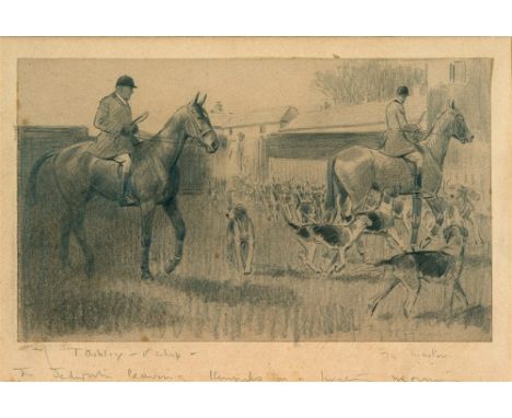 ATTRIBUTED TO LIONEL EDWARDS The Telworth leaving Kennels on a hunting morning, pencil sketch, titled on the mount, 16 x 24cm