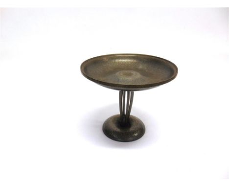 AN ARTS AND CRAFTS STYLE HAMMERED PEWTER TAZZA  in the manner of Liberty & Co, stamped to base 'HUTTON SHEFFIELD ENGLISH PEWT