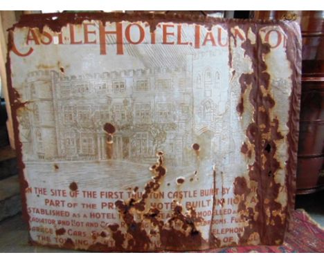 [TAUNTON INTEREST] A rare pictorial enamel sign for The Castle Hotel, Taunton, with dark orange lettering against a pale grey