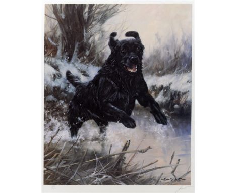 AFTER JOHN TRICKETT Retriever crossing a stream in a snow covered landscape, limited edition colour print, No. 82/500, signed