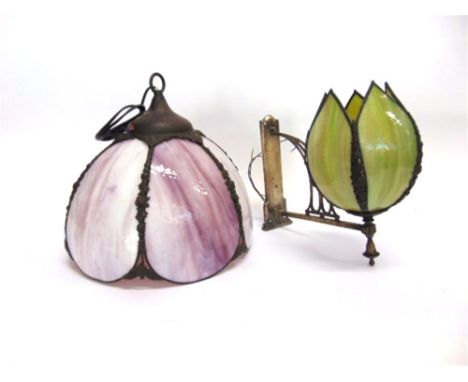 A STAINED GLASS WALL LIGHT FITTING  with Art Nouveau style bracket 31cm high 30cm projection from wall; together with another