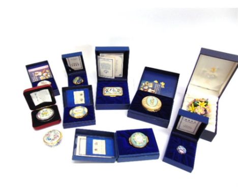 NINE BOXED HALCYON DAYS ENAMEL BOXES,  another unboxed Halcyon Days example and a boxed St James House Company sterling silve