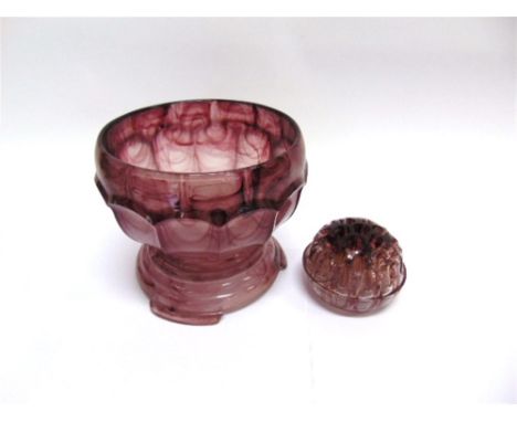 A LARGE MARBLED AMETHYST GLASS BOWL ON STAND  with internal flower holder, 23cm diameter, 20cm high