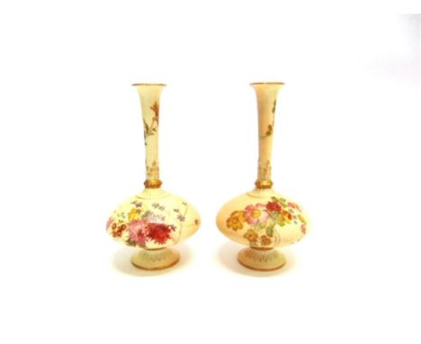 A PAIR OF ROYAL WORCESTER BLUSH IVORY VASES,  puce printed marks to base with date code for 1893, shape no. 1748, rd no. 2344