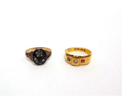 A LATE VICTORIAN MOURNING RING the oval head with a rose diamond forget me not to a blue enamel ground, finger size N 1/2; wi