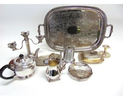 A COLLECTION OF PLATED WARE including a two handled tray; a three light candelabra; a teapot; a bud vase and other items 