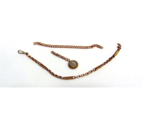 A 9 CARAT GOLD WATCH CHAIN of fancy links, broken, with a compass fob attached, damaged; and part of a hollow curb link brace