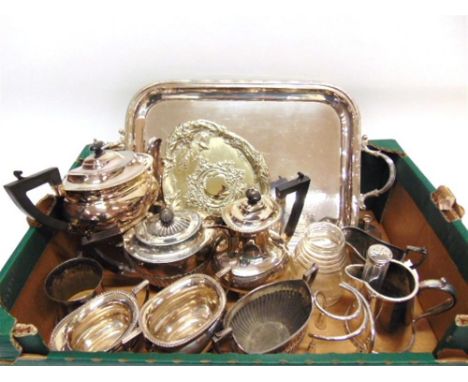 A COLLECTION OF PLATED WARES including a tea service; a Danish small three light candelabra; and a tray