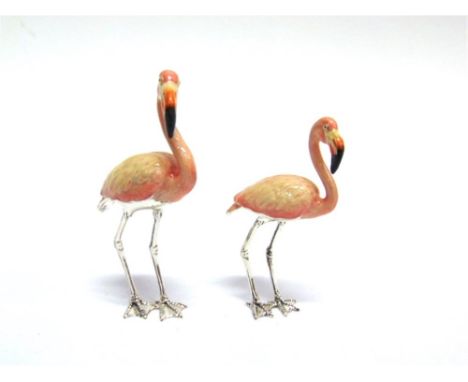 A PAIR OF SATURNO SILVER AND ENAMEL FLAMINGOS,  the tallest approximately 11cm high