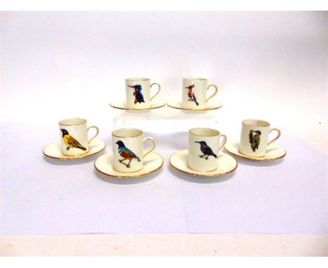 A SET OF SIX 'HAMMERSELEY' COFFEE CANS & SAUCERS each decorated with a named bird, Malachite Kingfisher, Superb Starling, Tac